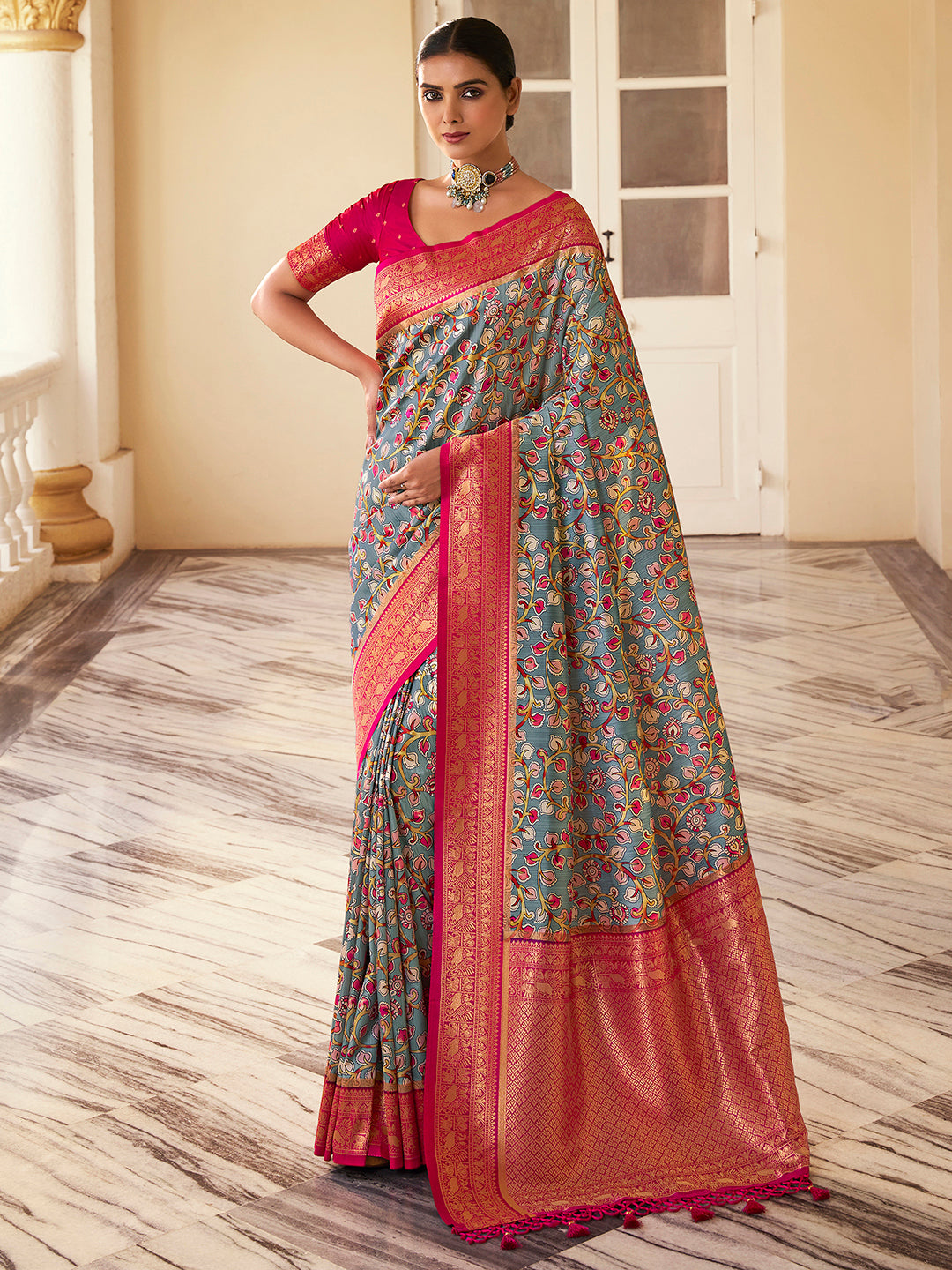 Satin Silk Grey Woven Design Designer Saree With Blouse