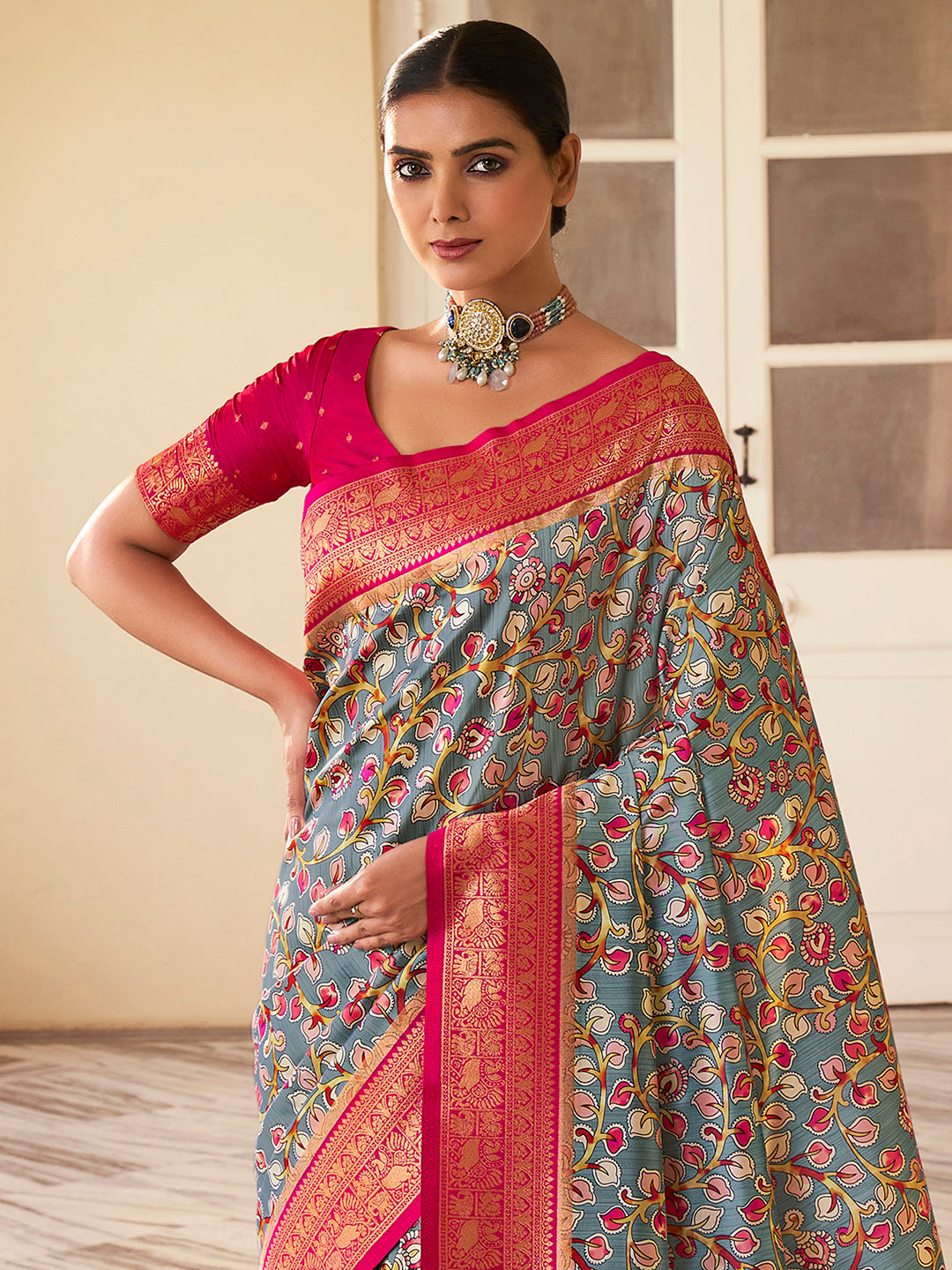 Satin Silk Grey Woven Design Designer Saree With Blouse