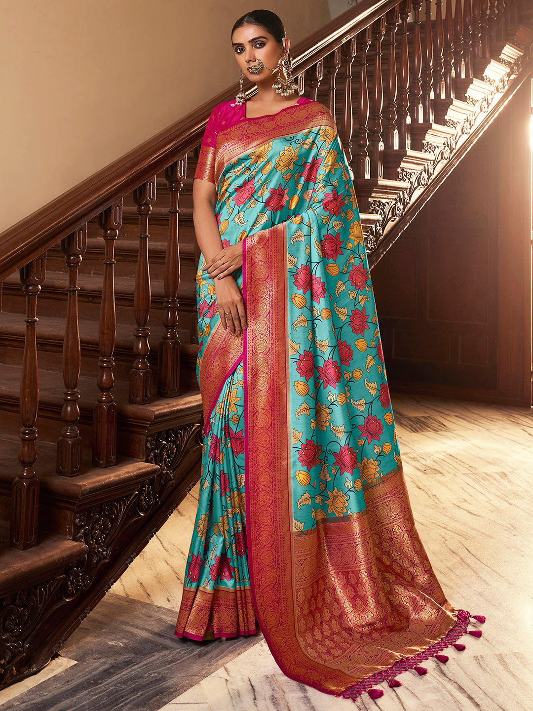 Satin Silk Blue Woven Design Designer Saree With Blouse