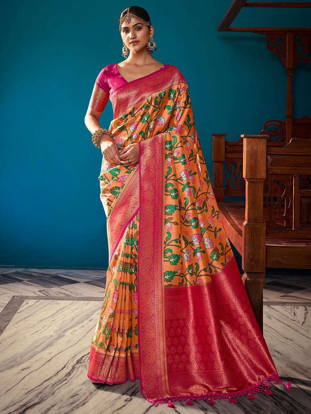 Satin Silk Orange Woven Design Designer Saree With Blouse