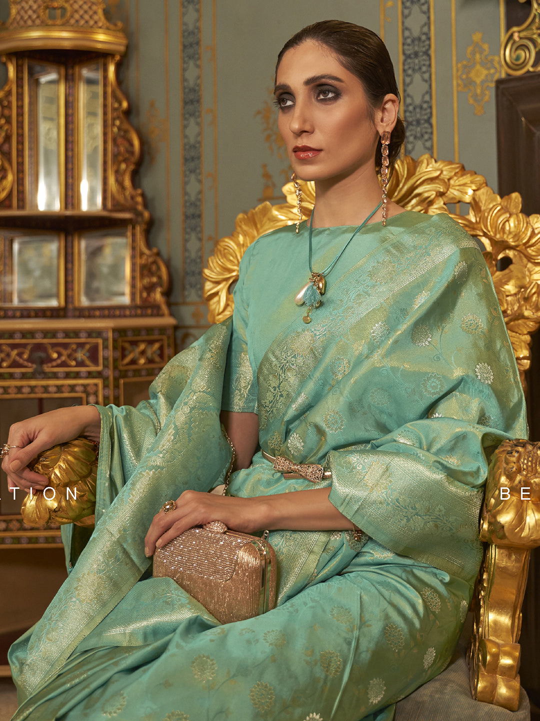 Silk Blend Sea Green Woven Design Handloom Saree With Blouse