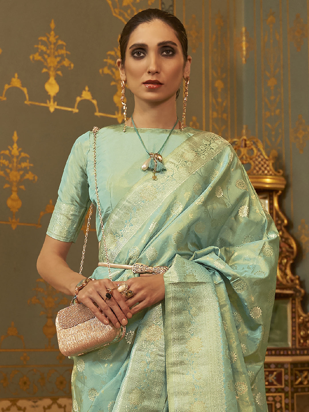 Silk Blend Sea Green Woven Design Handloom Saree With Blouse