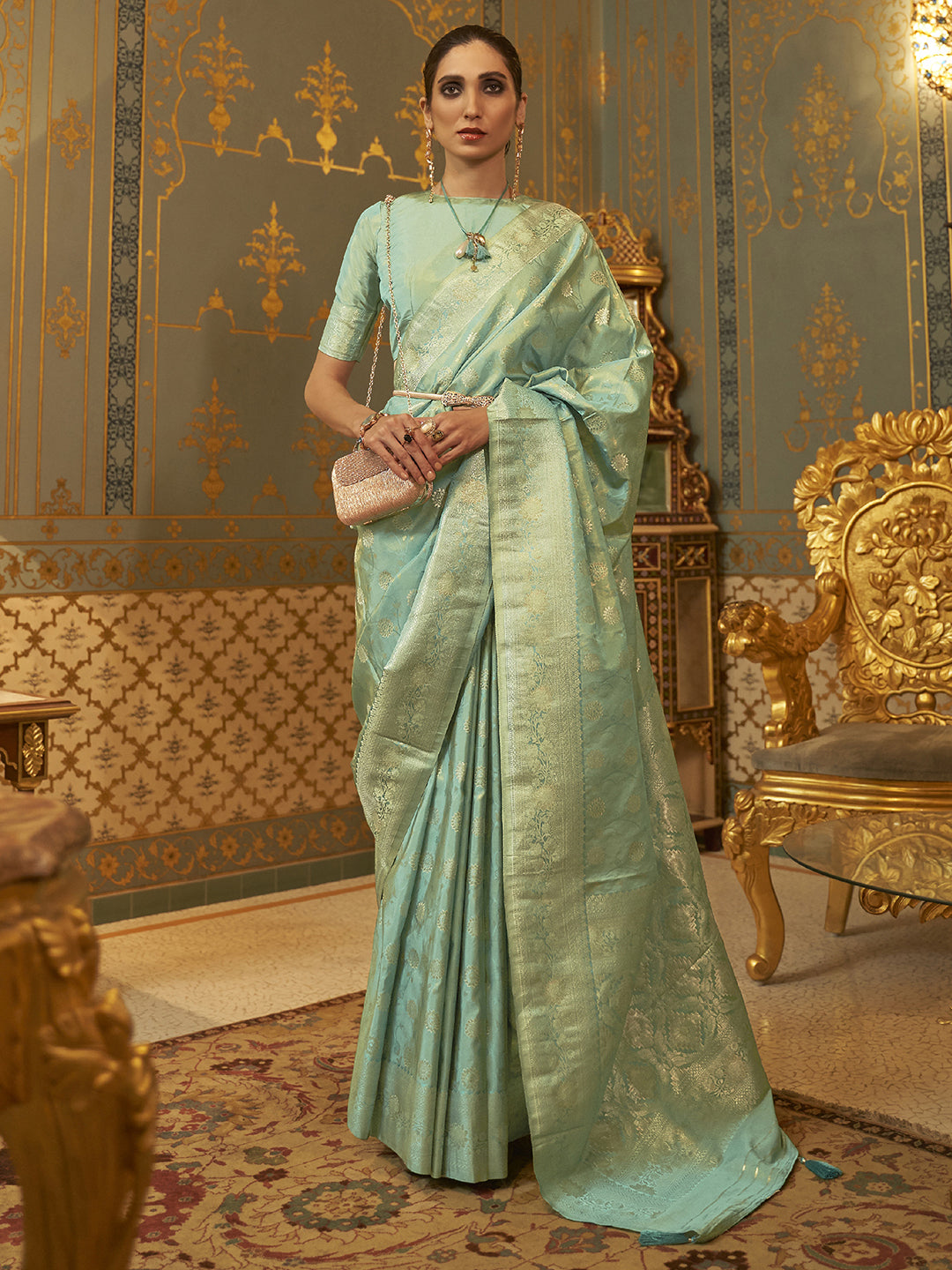 Silk Blend Sea Green Woven Design Handloom Saree With Blouse