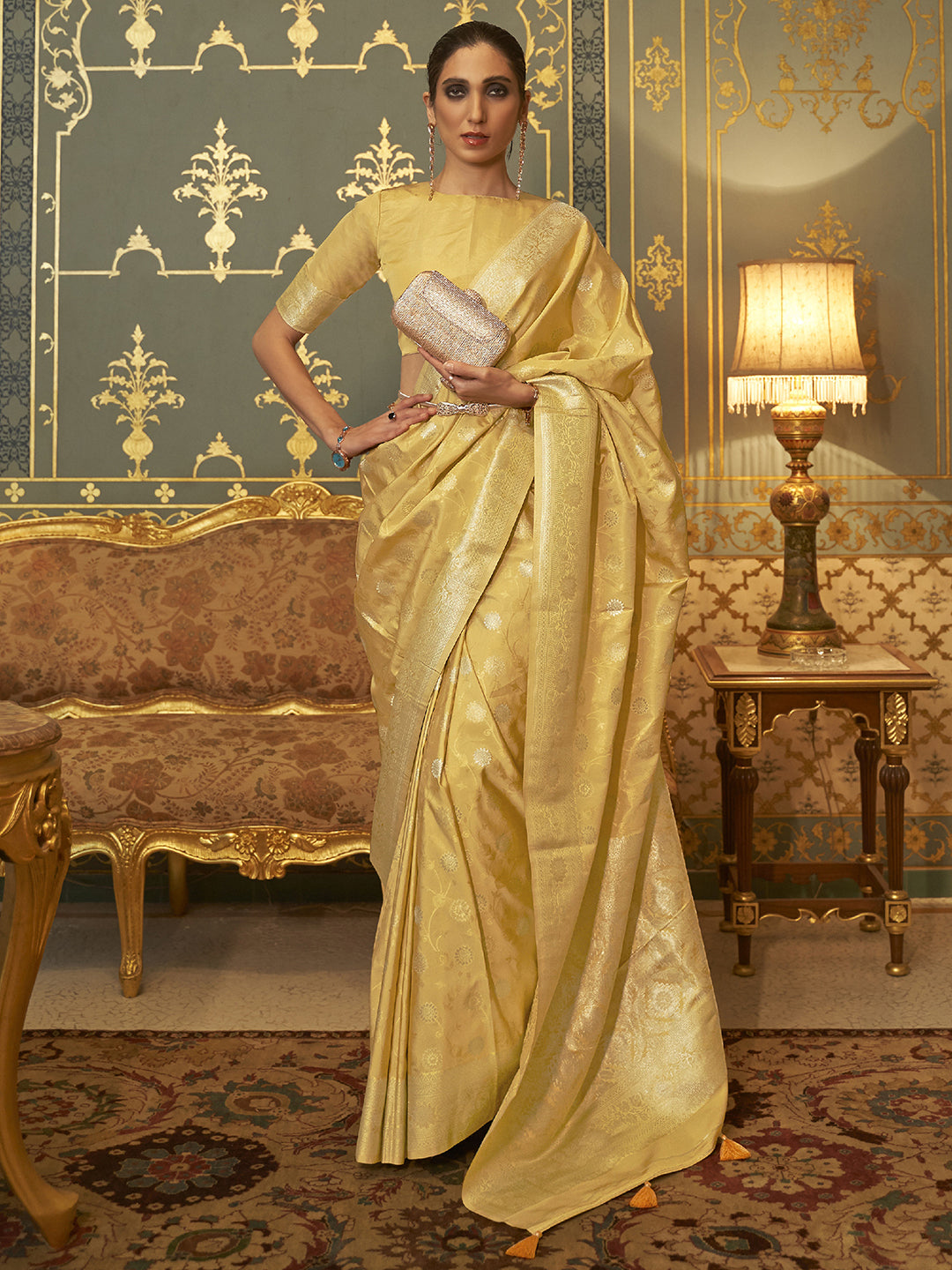 Silk Blend Yellow Woven Design Handloom Saree With Blouse