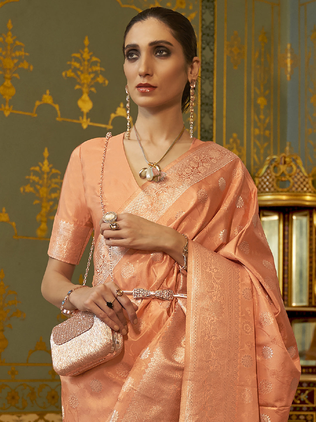 Silk Blend Peach Woven Design Handloom Saree With Blouse
