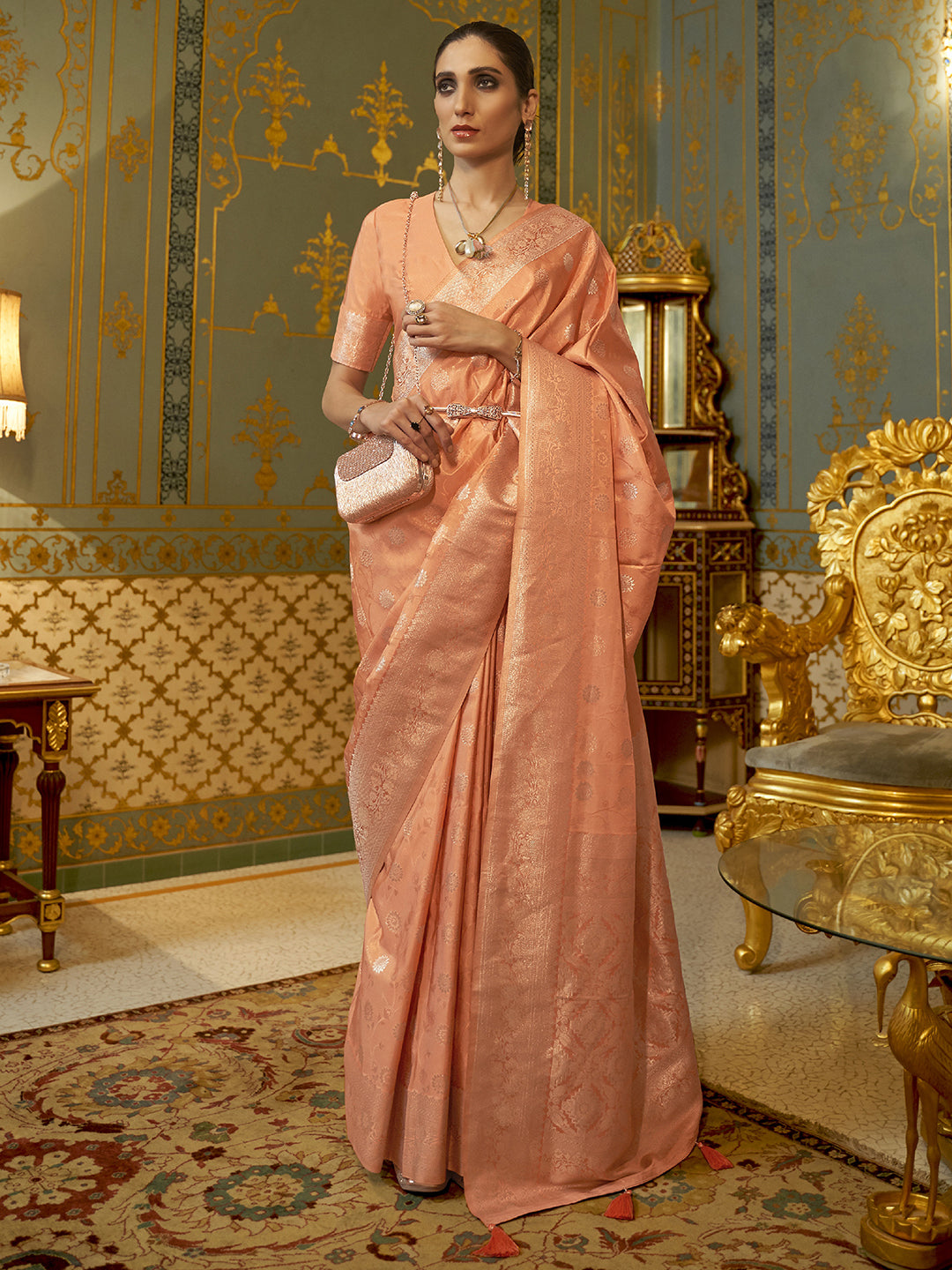 Silk Blend Peach Woven Design Handloom Saree With Blouse