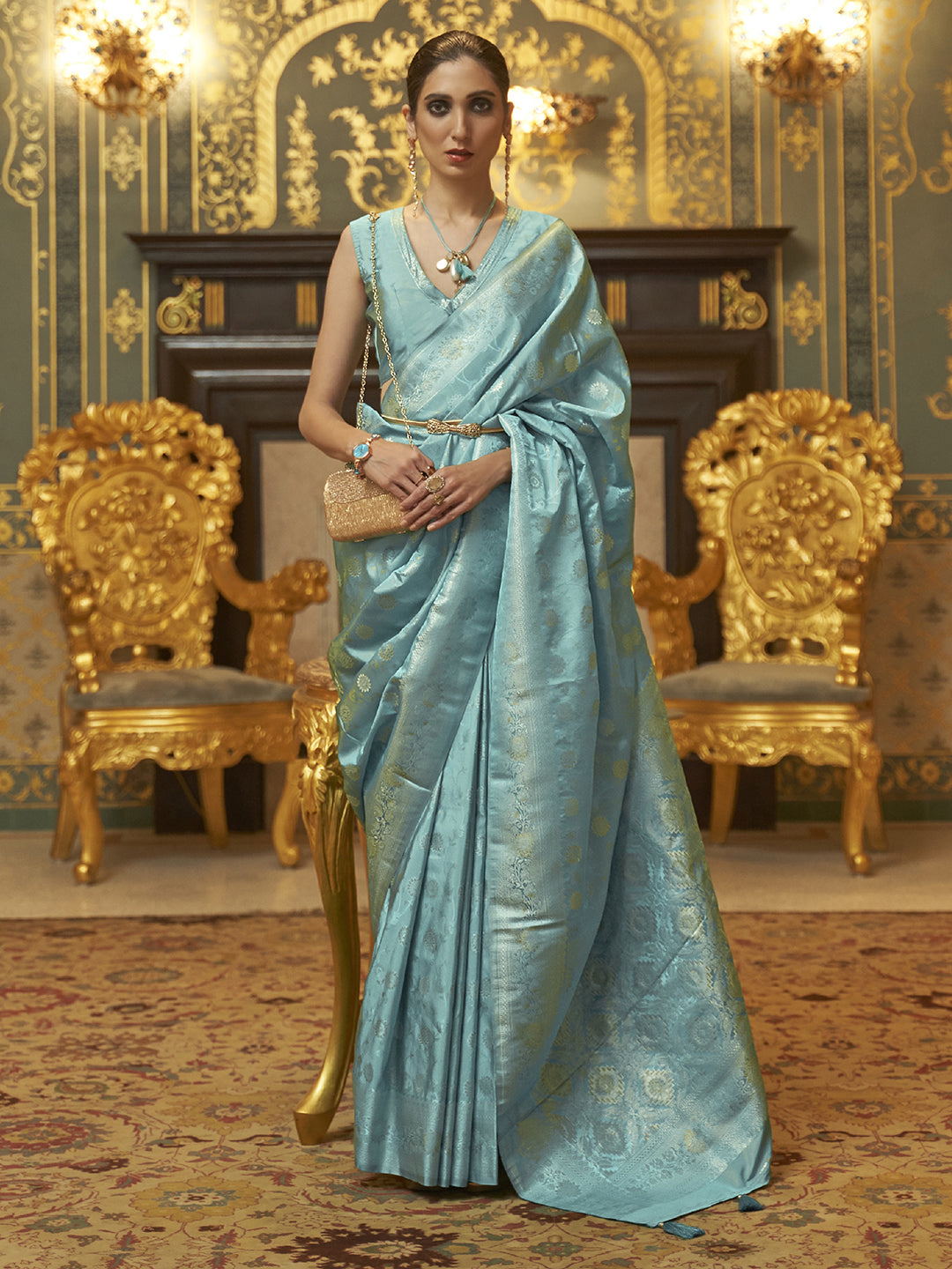 Silk Blend Blue Woven Design Handloom Saree With Blouse