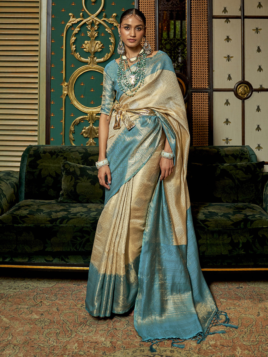 Silk Blend Cream Woven Design Designer Saree With Blouse