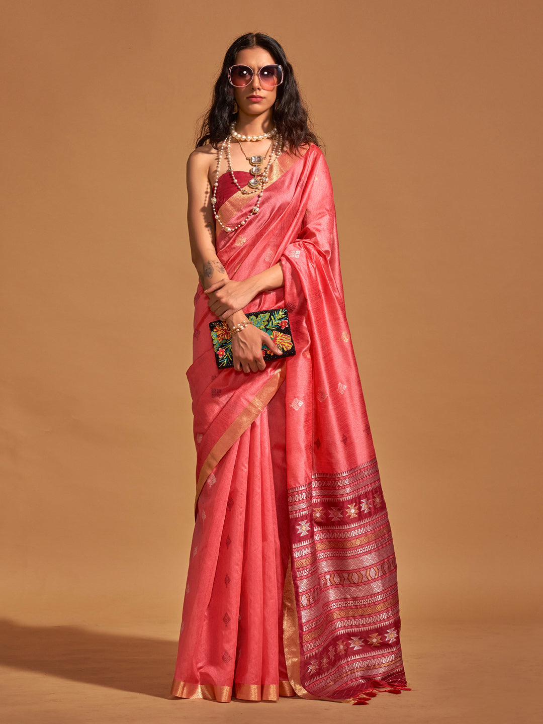 Silk Blend Pink Woven Design Designer Saree With Blouse