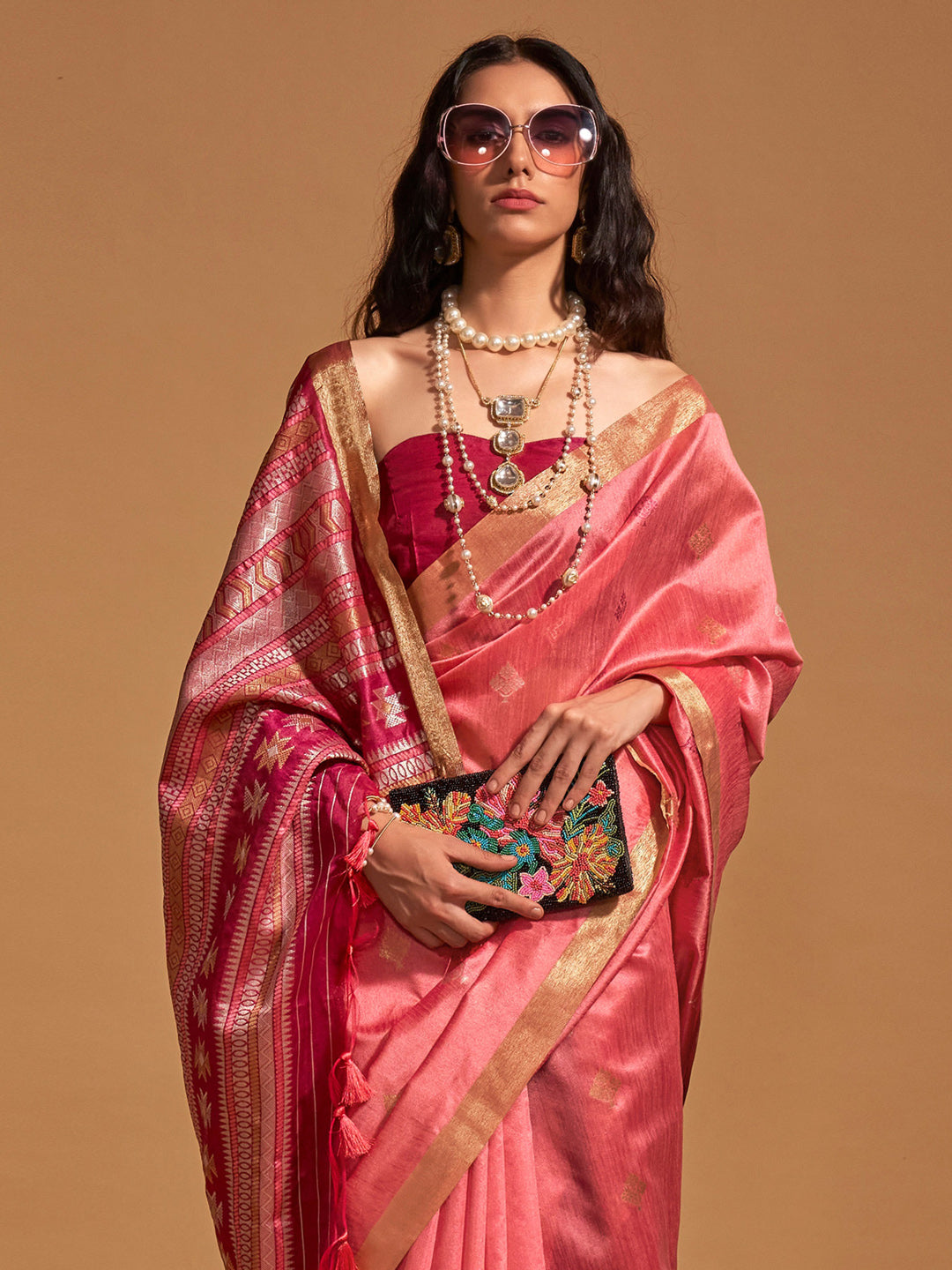 Silk Blend Pink Woven Design Designer Saree With Blouse