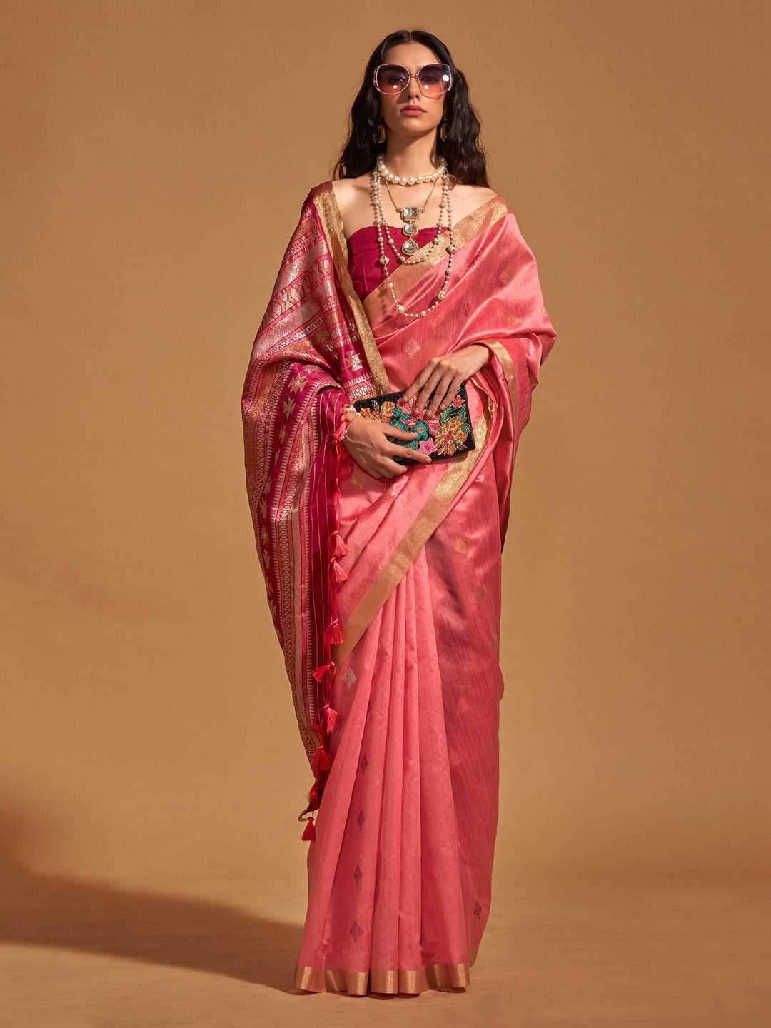 Silk Blend Pink Woven Design Designer Saree With Blouse