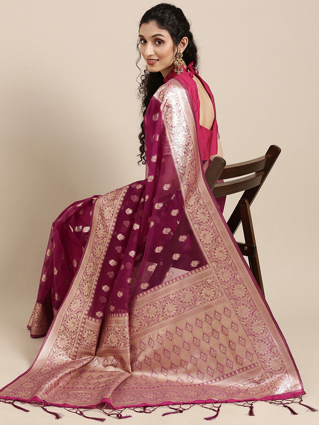 Organza Purple Woven Design Celebrity Saree With Blouse