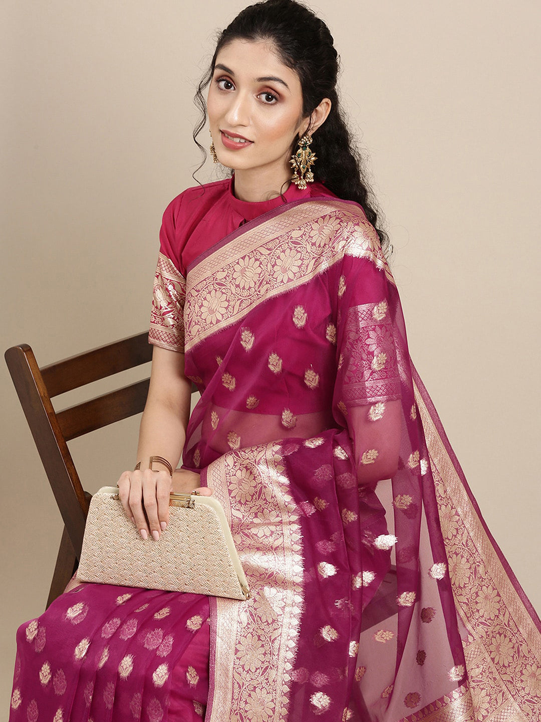 Organza Purple Woven Design Celebrity Saree With Blouse