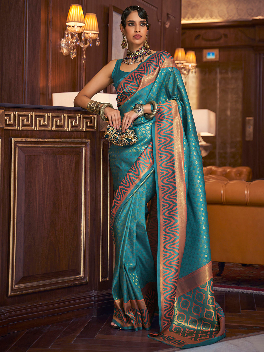 Silk Blend Turquoise Woven Design Handloom Saree With Blouse