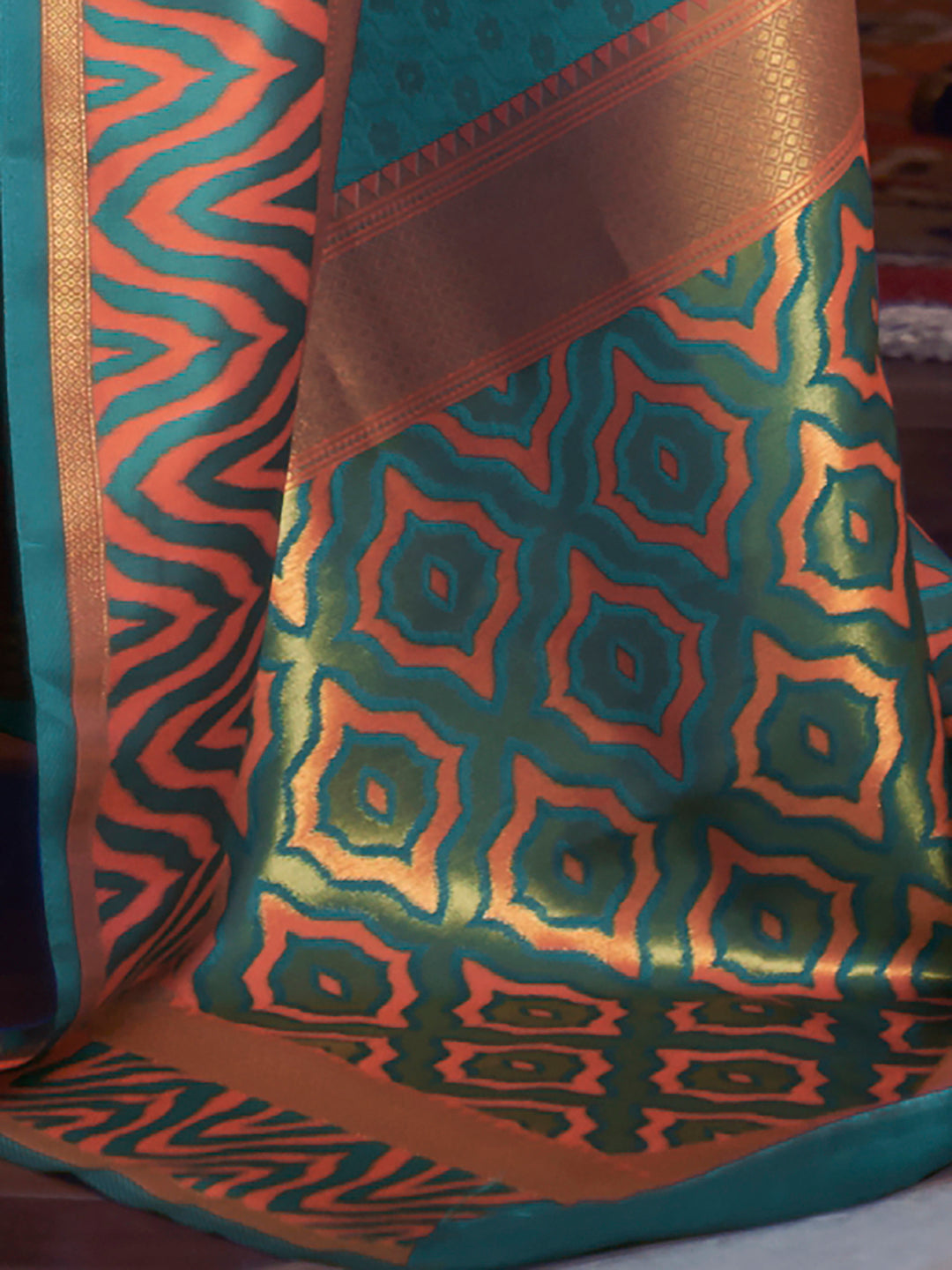 Silk Blend Turquoise Woven Design Handloom Saree With Blouse