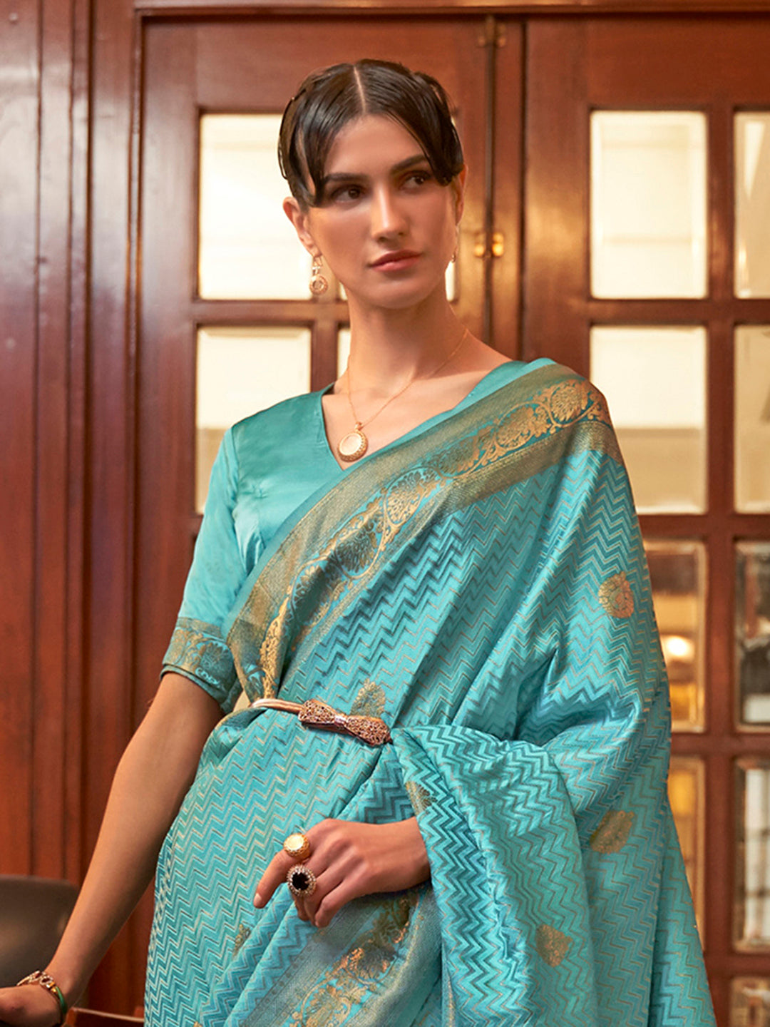 Silk Blend Turquoise Woven Design Designer Saree With Blouse