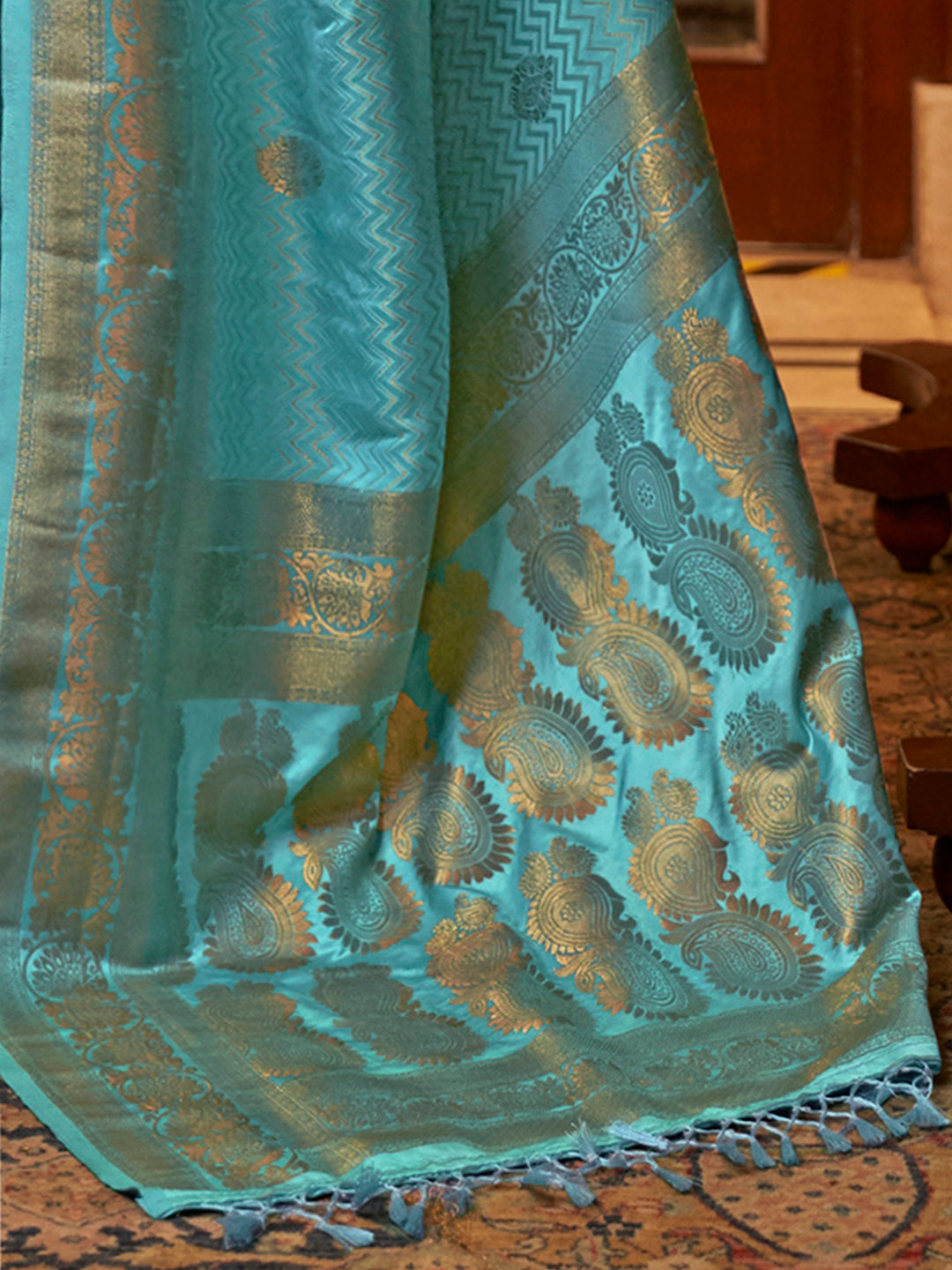 Silk Blend Turquoise Woven Design Designer Saree With Blouse