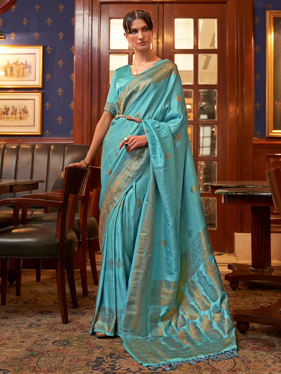 Silk Blend Turquoise Woven Design Designer Saree With Blouse