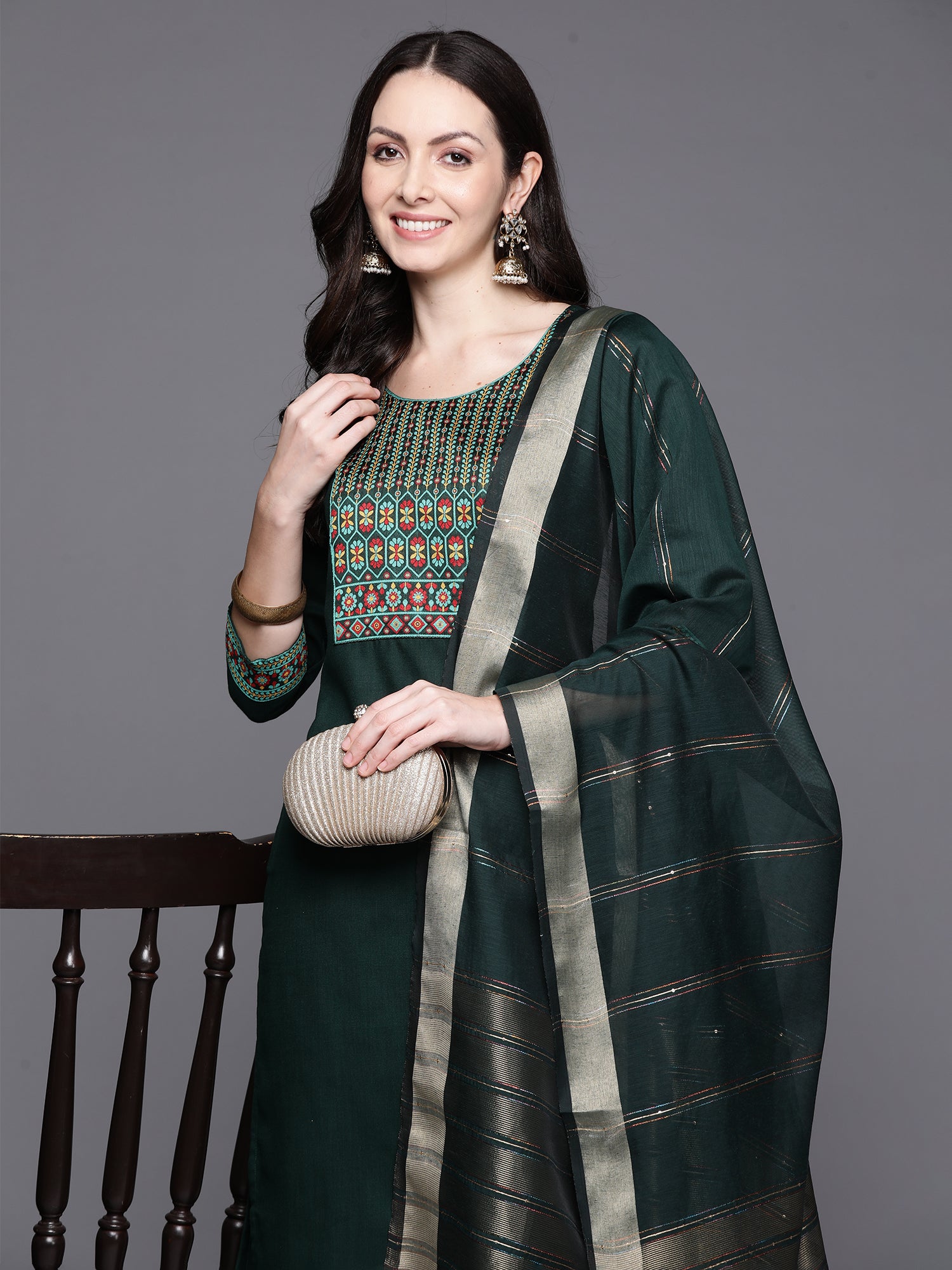 Green Yoke Design Straight Kurta Palazzos With Dupatta Set