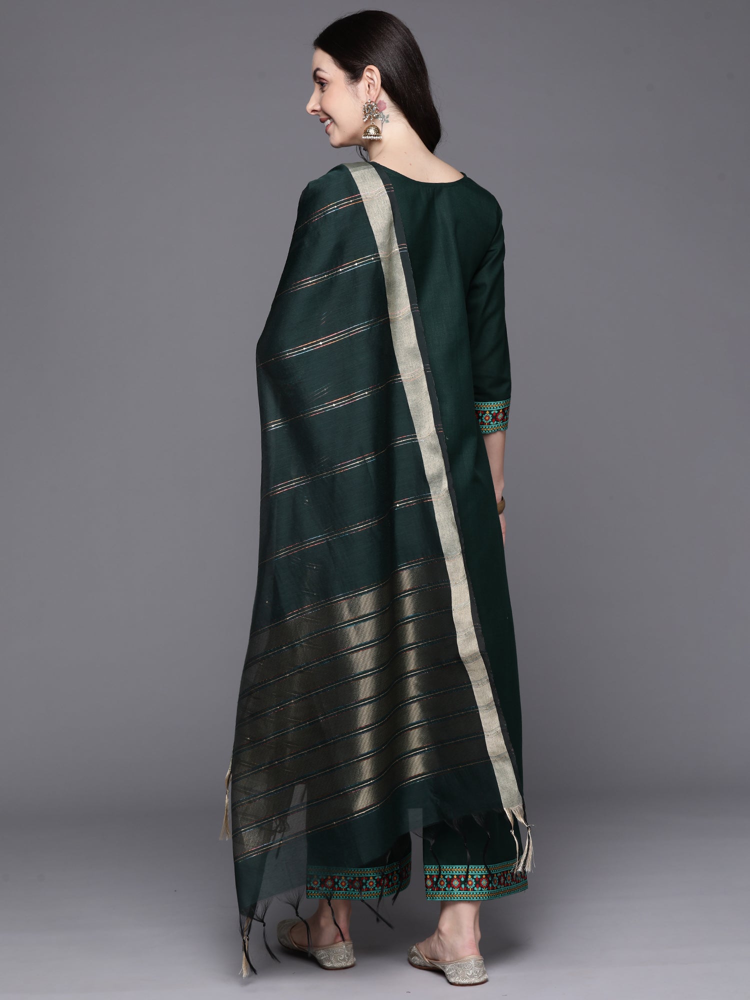 Green Yoke Design Straight Kurta Palazzos With Dupatta Set