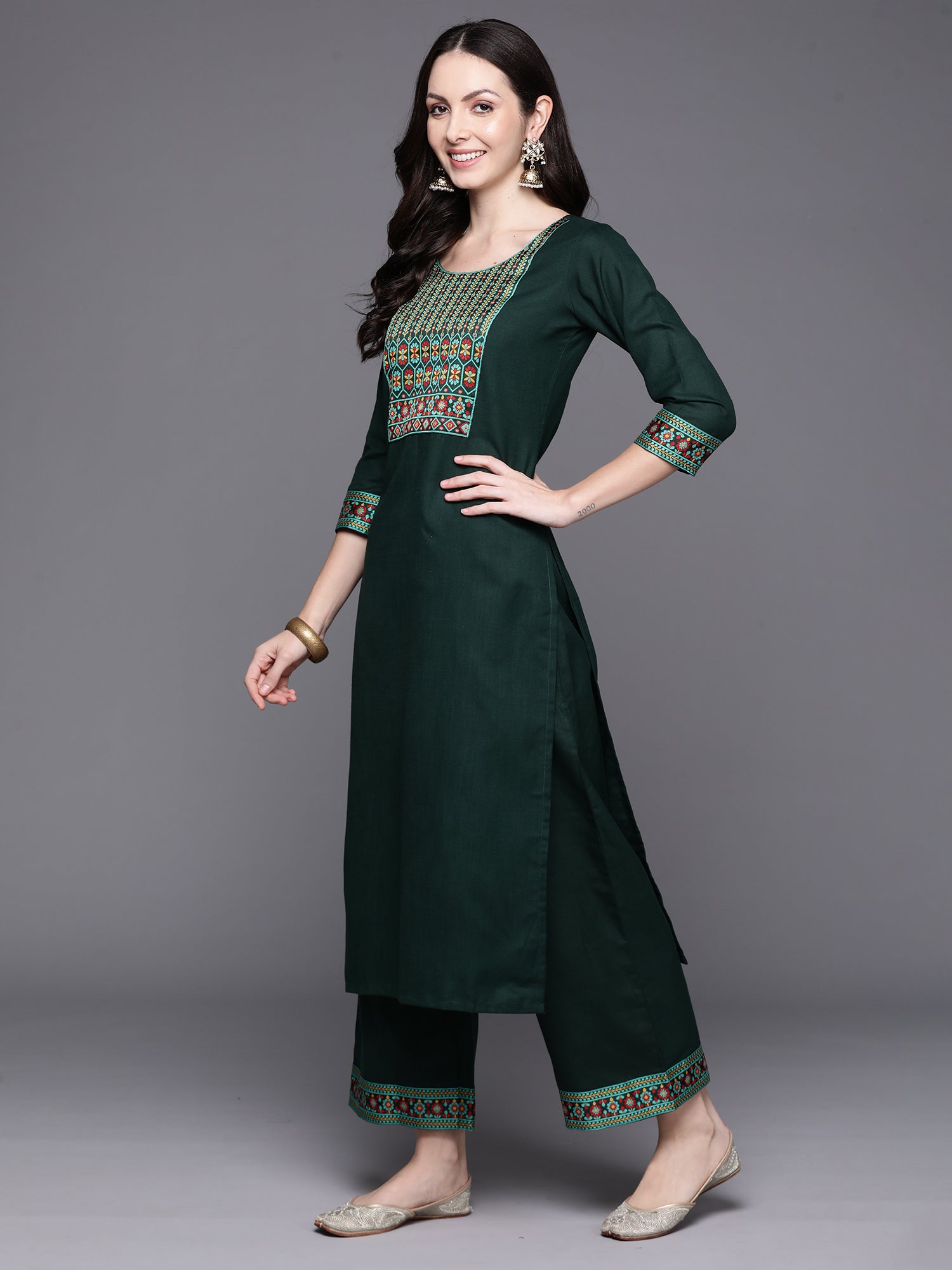 Green Yoke Design Straight Kurta Palazzos With Dupatta Set