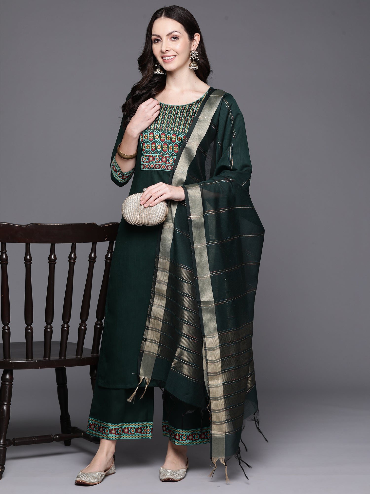 Green Yoke Design Straight Kurta Palazzos With Dupatta Set