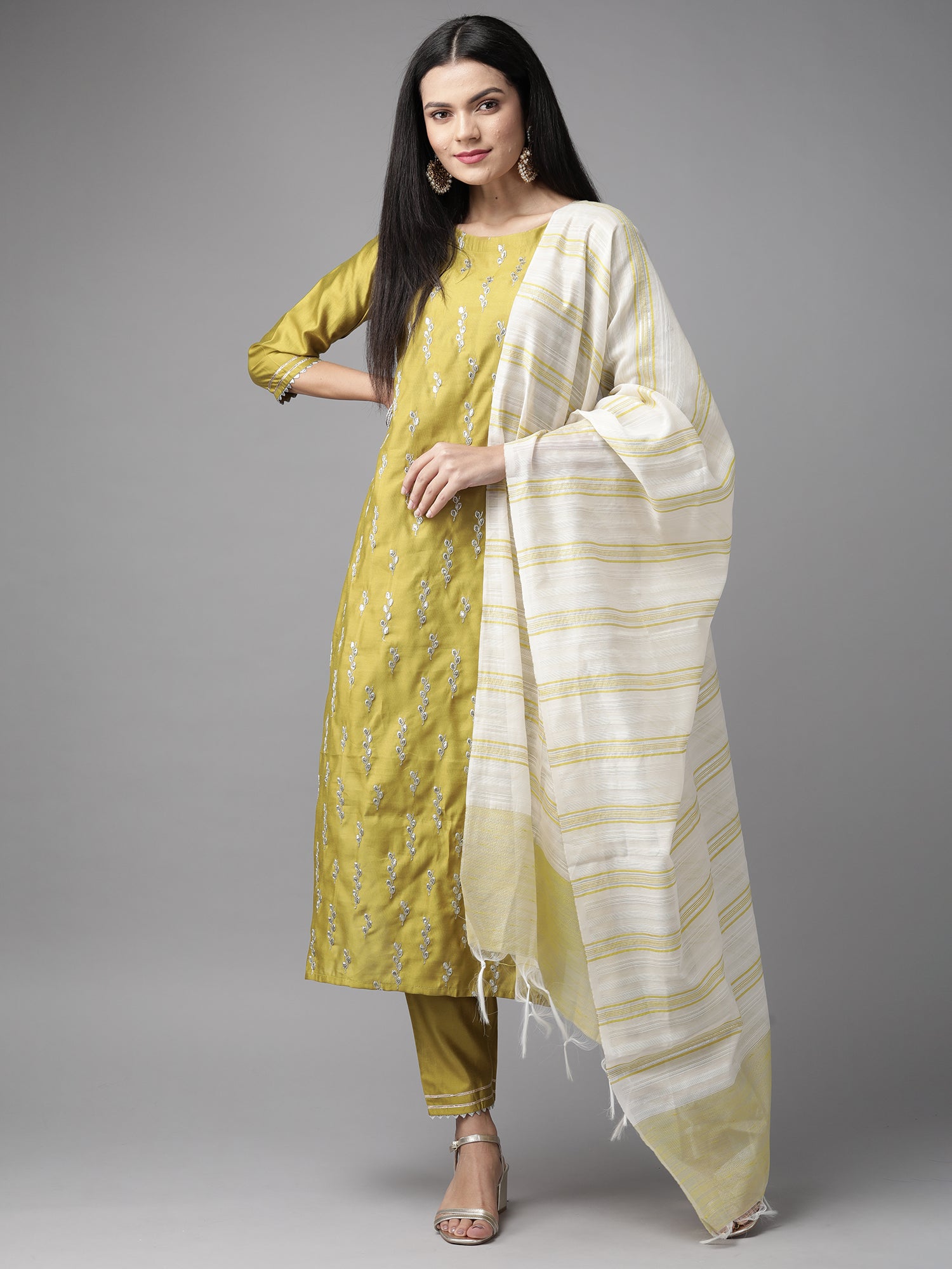 Women Olive Green & Off-White Embroidered Kurta with Trousers & Dupatta