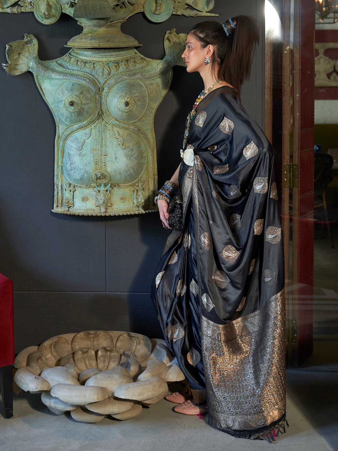 Silk Blend Black Woven Design Designer Saree With Blouse