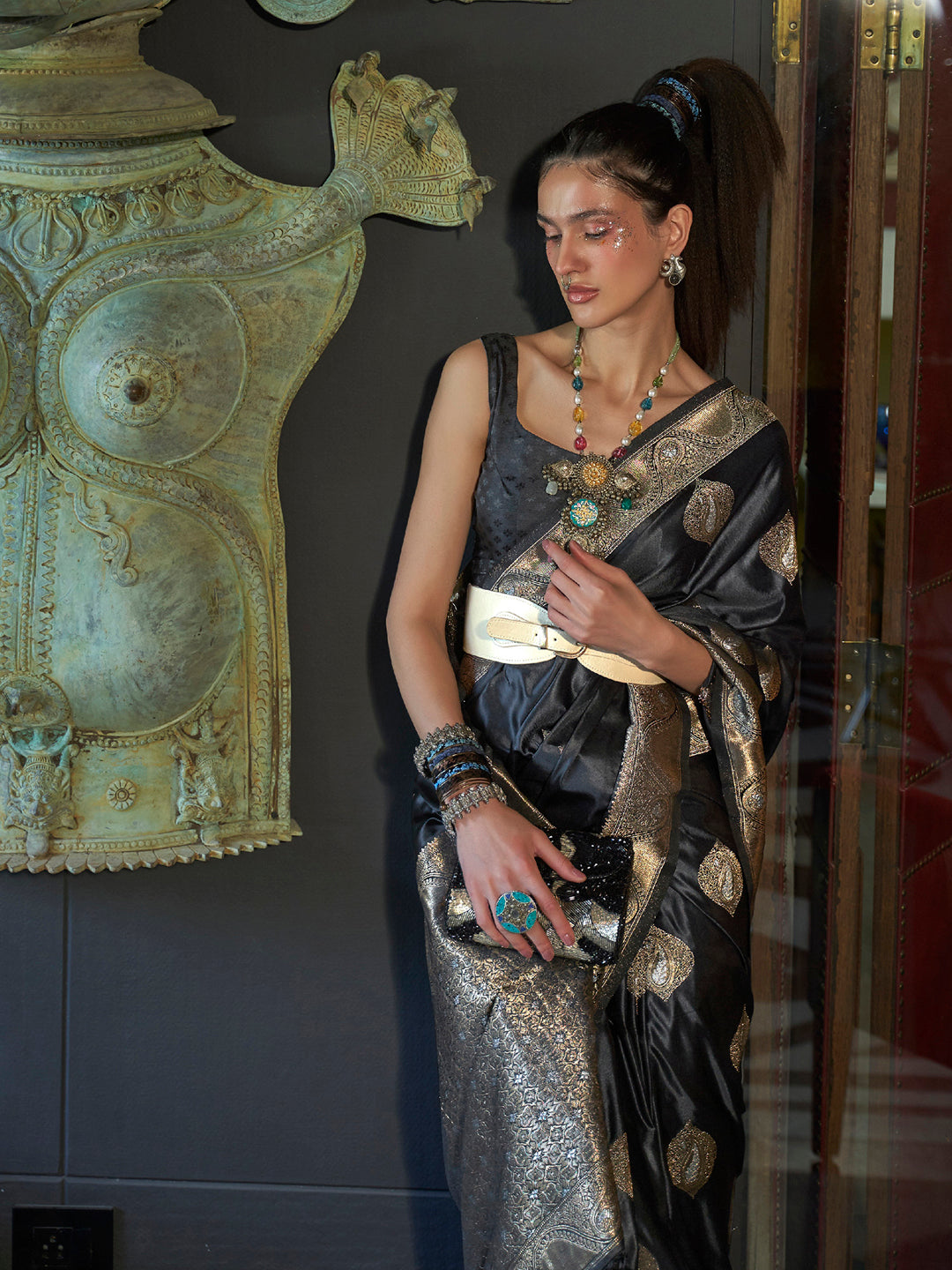 Silk Blend Black Woven Design Designer Saree With Blouse