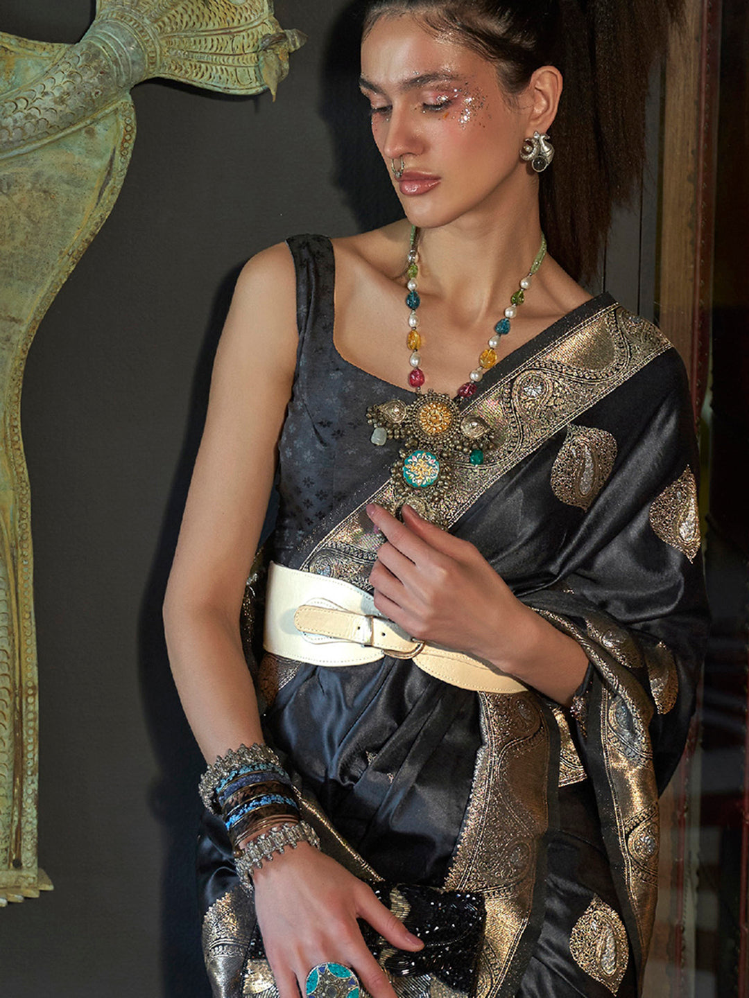 Silk Blend Black Woven Design Designer Saree With Blouse