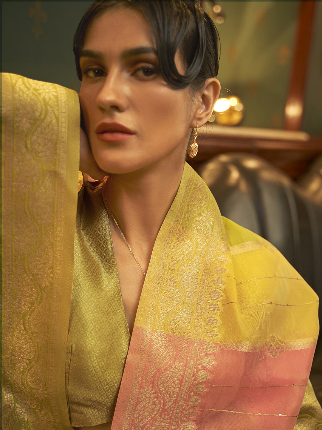 Organza Multicolored Woven Design Celebrity Saree With Blouse