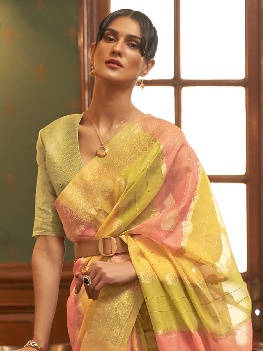 Organza Multicolored Woven Design Celebrity Saree With Blouse