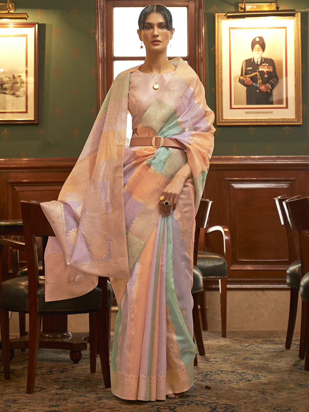 Organza Multicolored Woven Design Celebrity Saree With Blouse