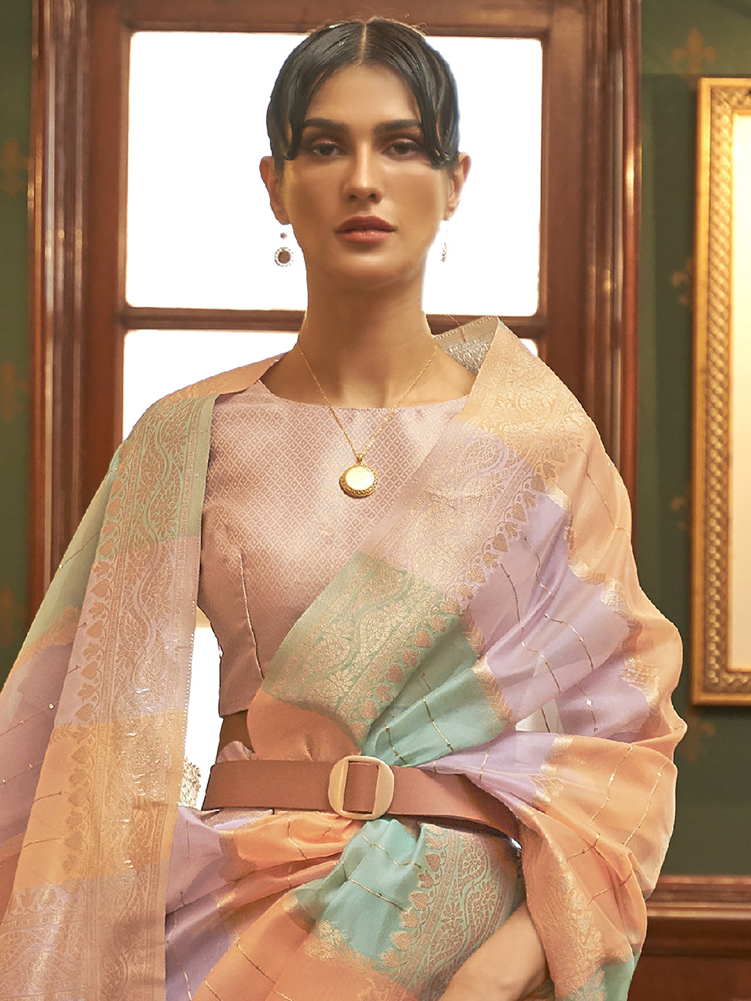 Organza Multicolored Woven Design Celebrity Saree With Blouse