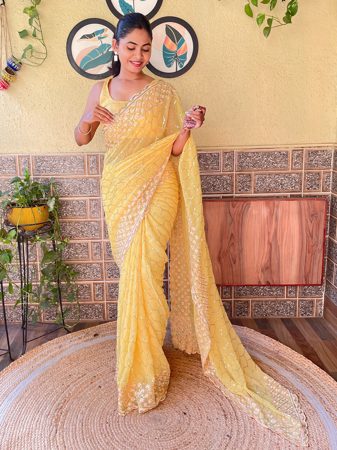 Georgette Yellow Embellished Designer Saree With Blouse