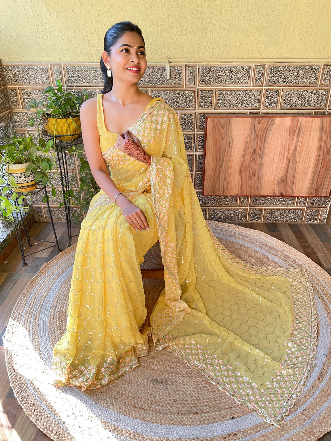 Georgette Yellow Embellished Designer Saree With Blouse