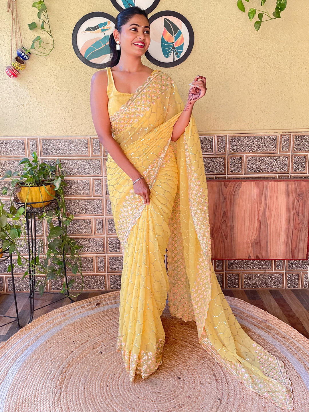 Georgette Yellow Embellished Designer Saree With Blouse