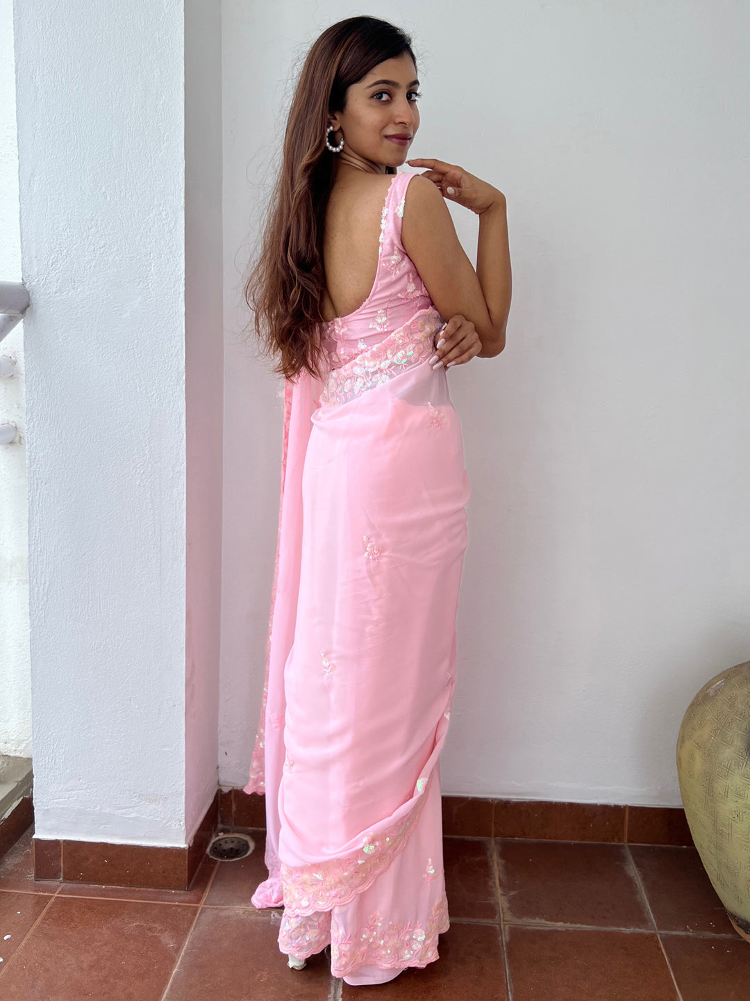 Georgette Pink Embellished Designer Saree With Blouse
