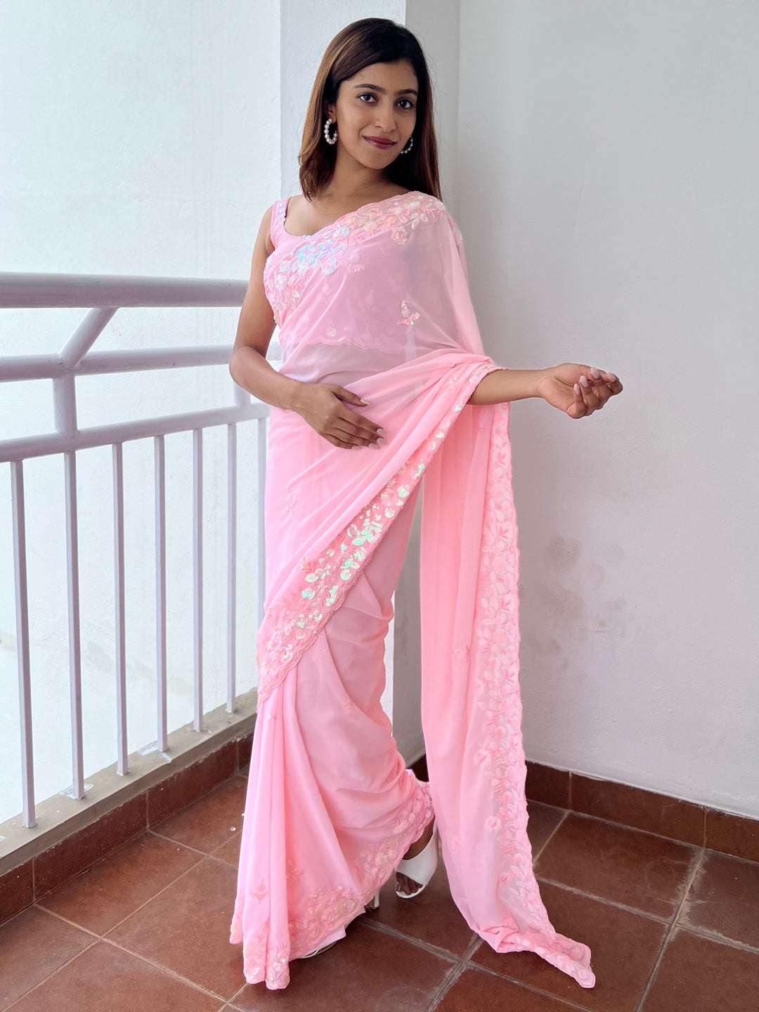 Georgette Pink Embellished Designer Saree With Blouse