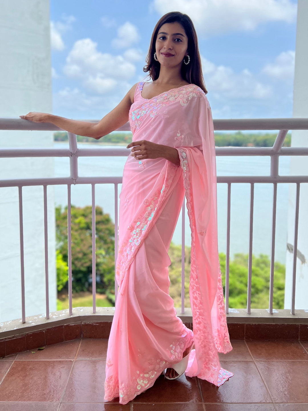 Georgette Pink Embellished Designer Saree With Blouse