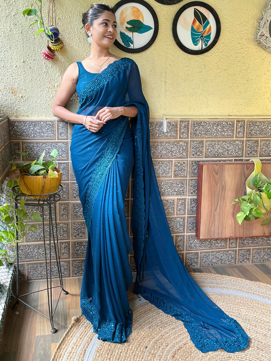 Georgette Teal blue Embroidered Designer Saree With Blouse