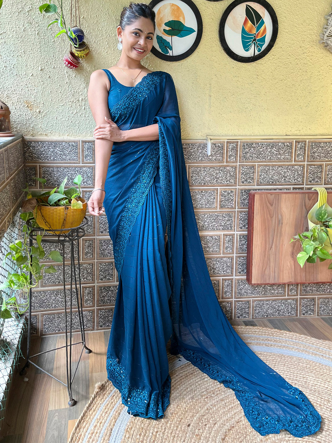 Georgette Teal blue Embroidered Designer Saree With Blouse