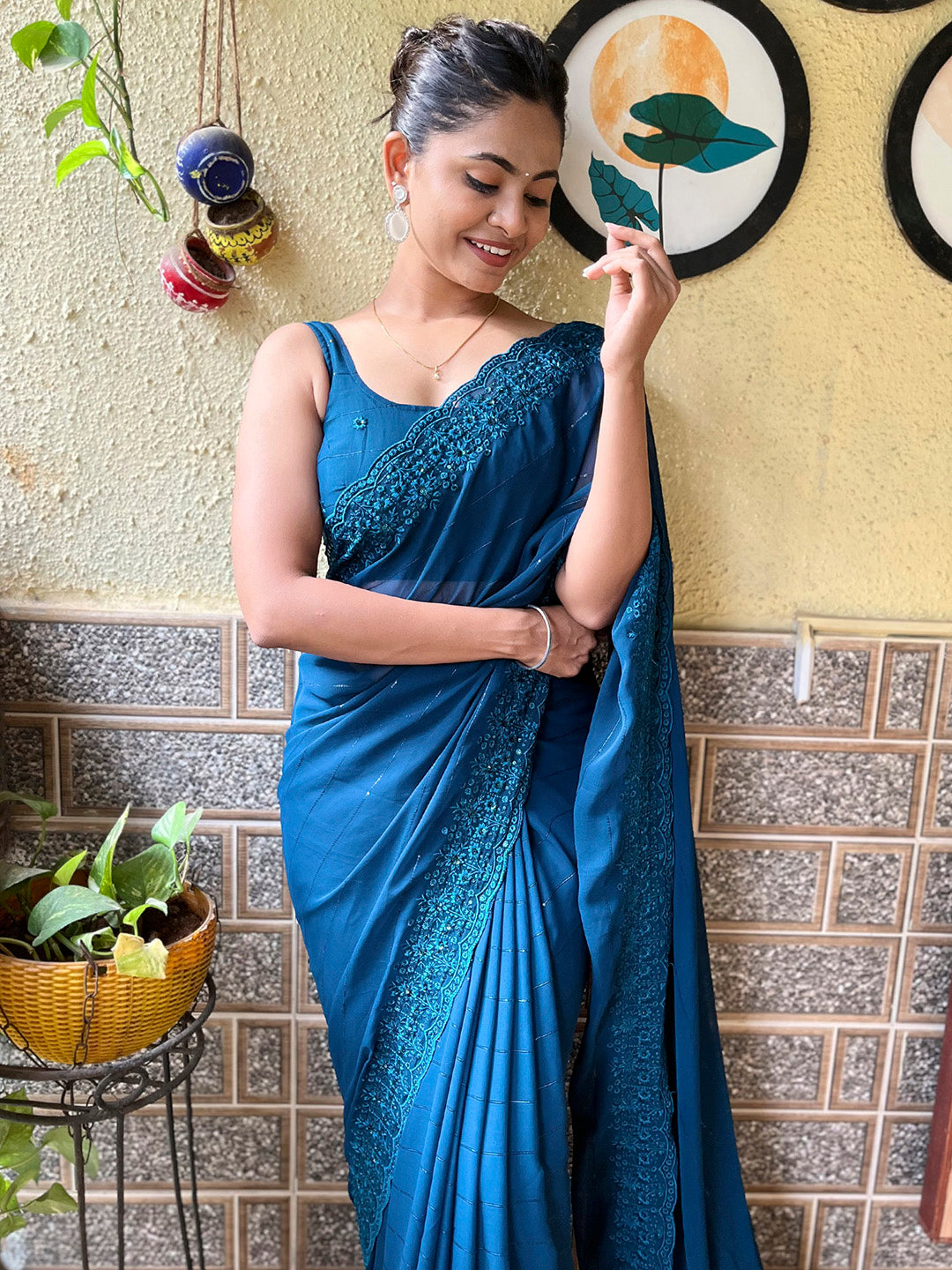 Georgette Teal blue Embroidered Designer Saree With Blouse