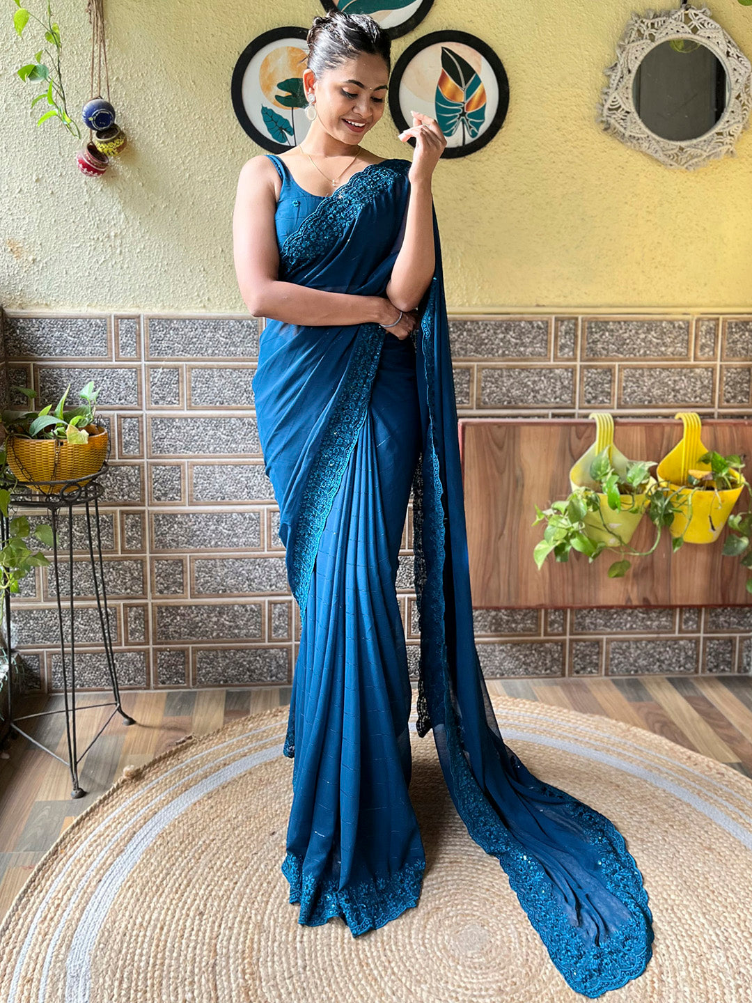 Georgette Teal blue Embroidered Designer Saree With Blouse