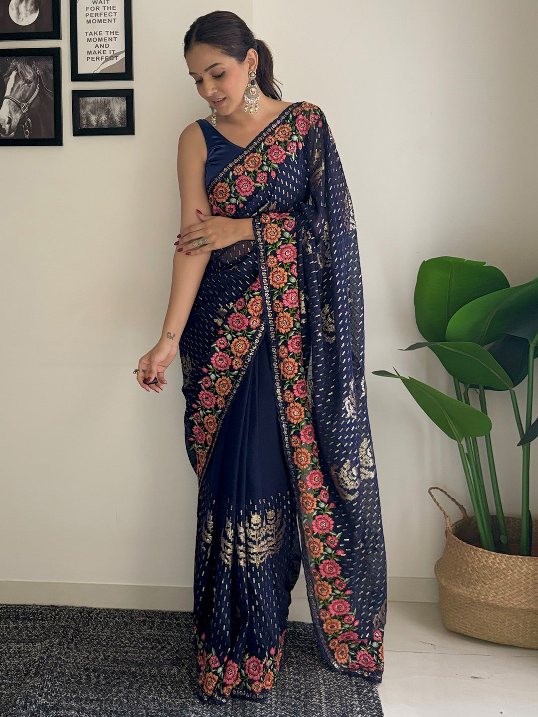 Georgette Navy Blue Embellished Designer Saree With Blouse