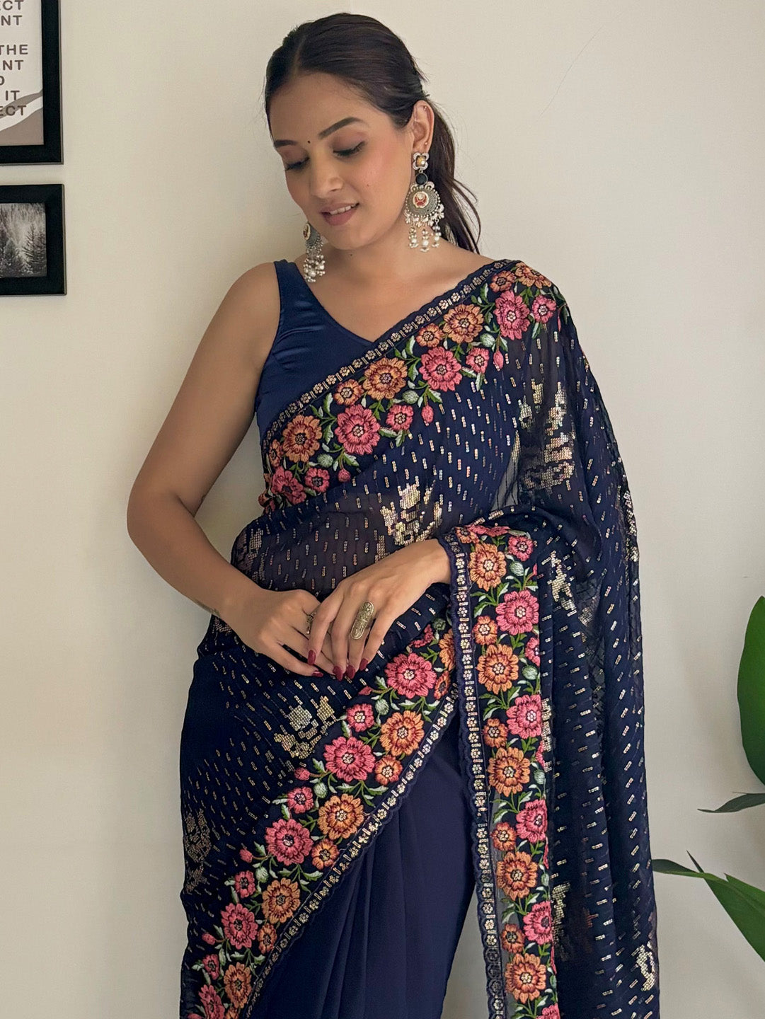 Georgette Navy Blue Embellished Designer Saree With Blouse