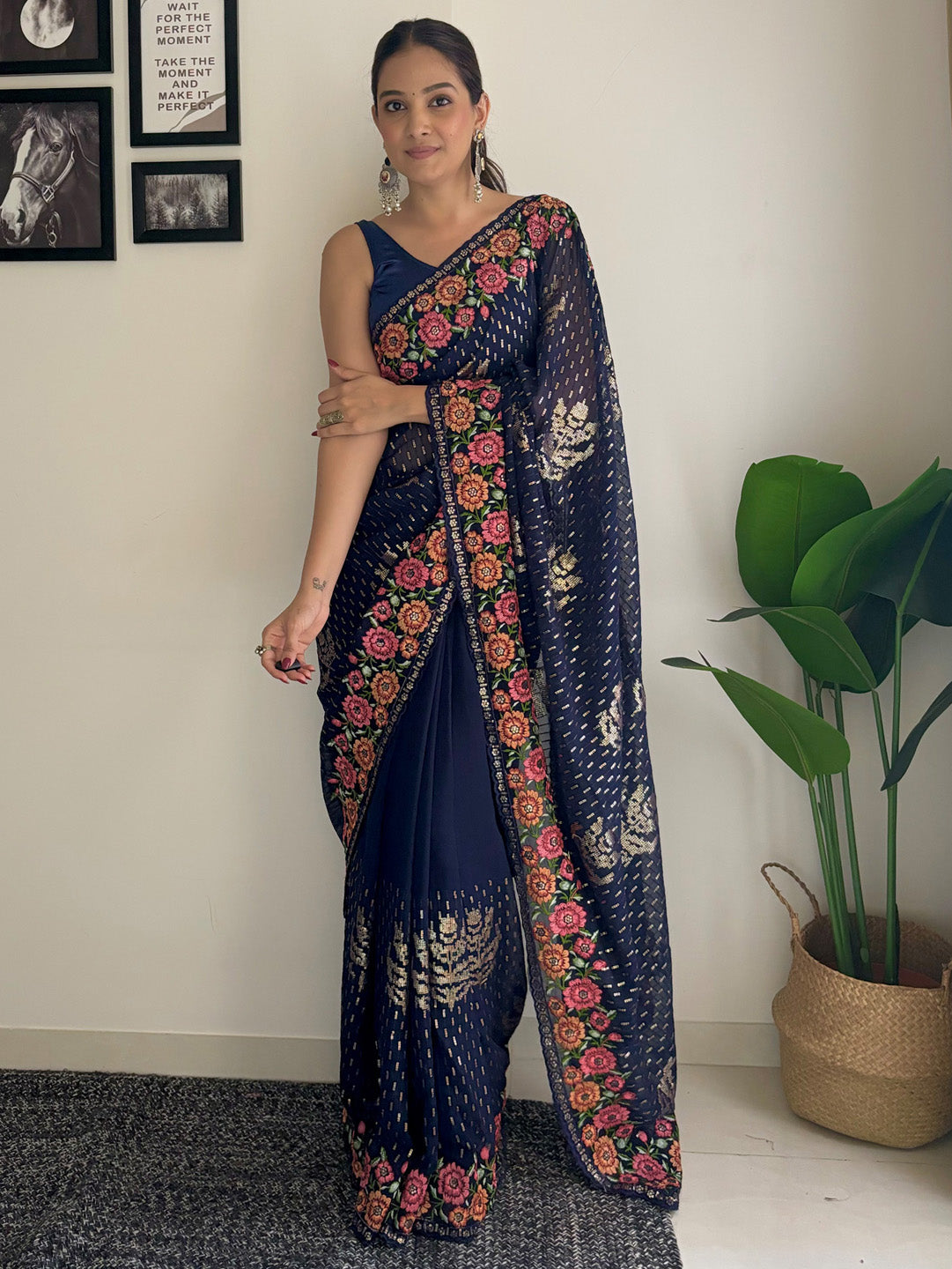 Georgette Navy Blue Embellished Designer Saree With Blouse