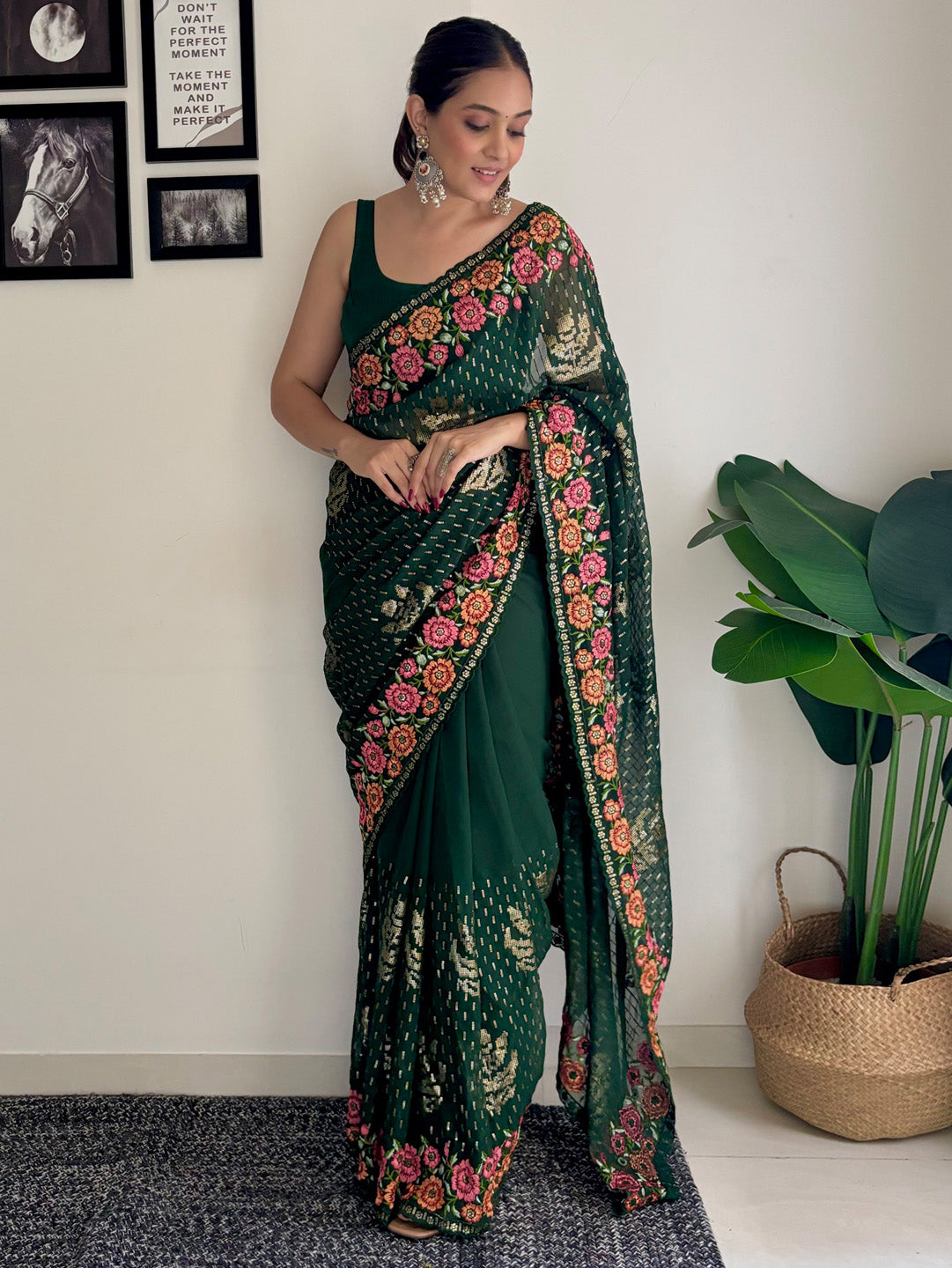 Georgette Green Embellished Designer Saree With Blouse