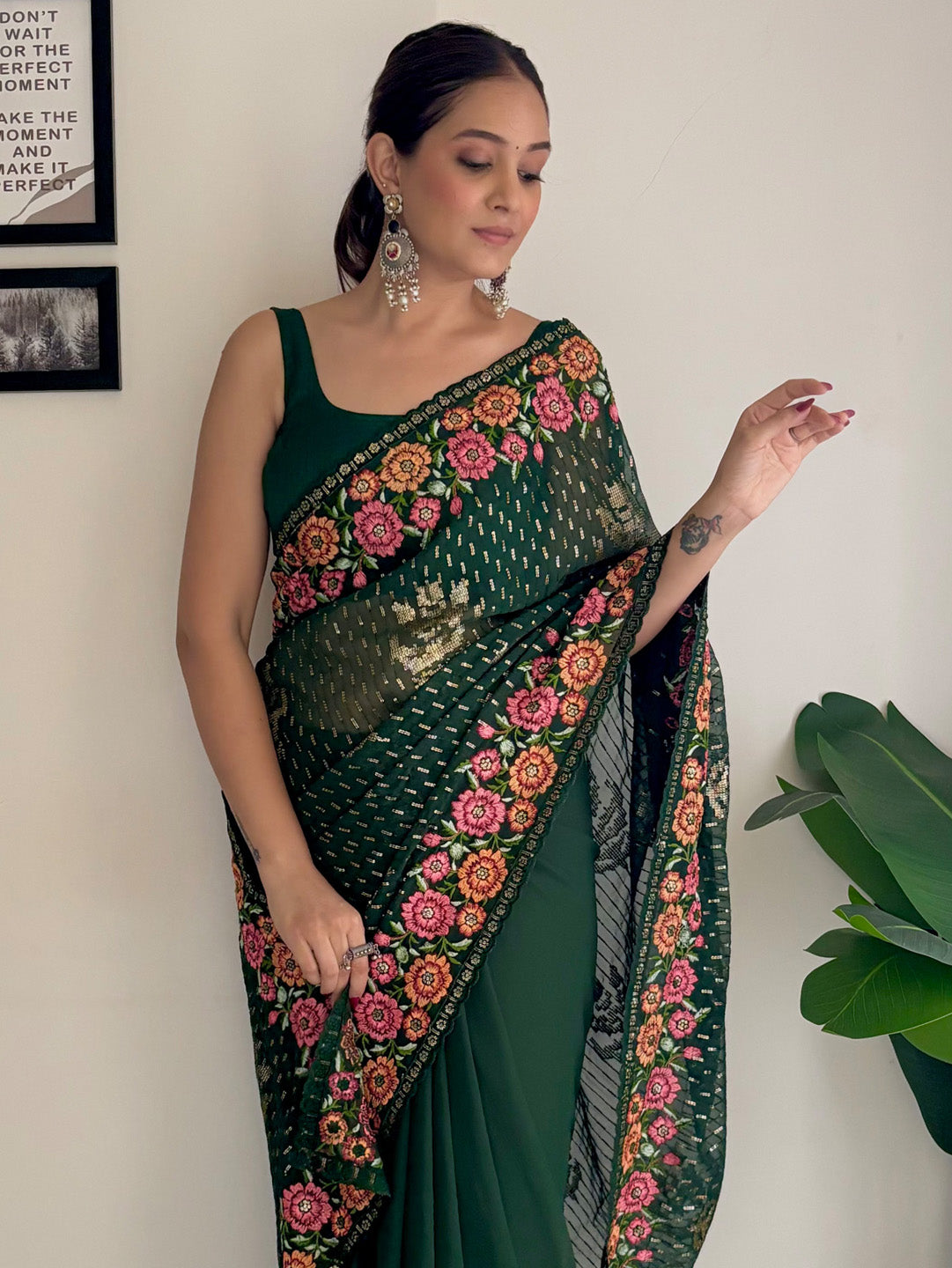 Georgette Green Embellished Designer Saree With Blouse