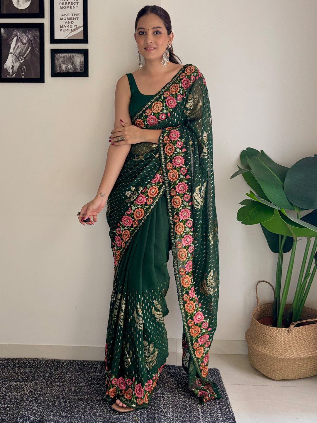 Georgette Green Embellished Designer Saree With Blouse